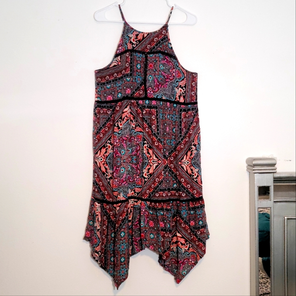 Asymmetrical Hem Boho Ethnic Print Sleeveless Dress